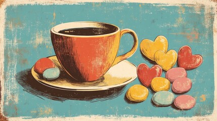 Retro illustration of a cheerful greeting card for a festive occasion A delightful arrangement featuring a cup of coffee and charming heart shaped candies