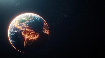 Obraz premium Earth from space with glowing outlines on a dark background.