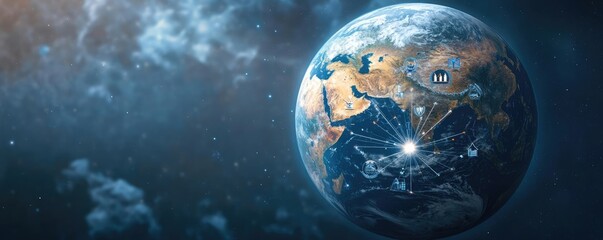 Global network connections illuminated on Earth's surface with dark background.