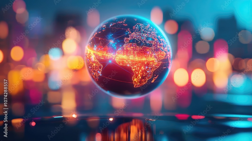 Poster Glowing globe with interconnected lines on a blurred city background.