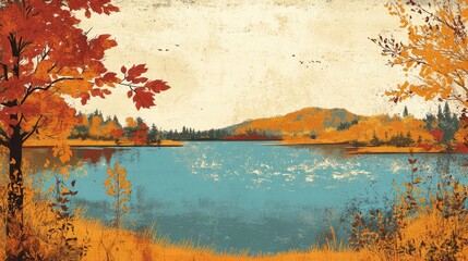 Retro illustration of an autumn landscape with serene lakes and colorful foliage