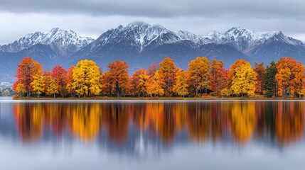 Autumn Reflections   Colorful Trees on Tranquil Lake with Mountain Peaks