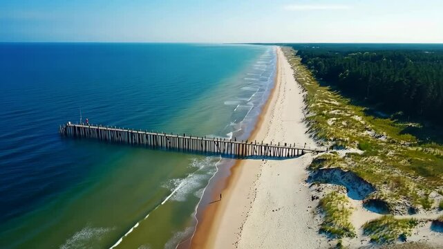 A long pier extends into the Baltic Sea on a sunny day, with people walking along the top