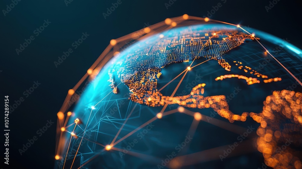 Poster globe with network connections glowing against a dark background.
