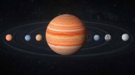 Fototapeta premium Jupiter and its Moons in Space 3D Render Solar System Cosmic Beauty