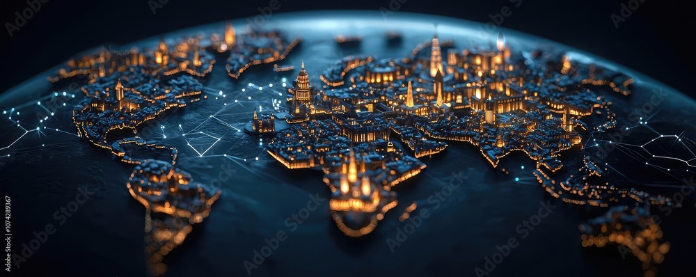 Poster illuminated globe map showcasing world cities with digital connections.
