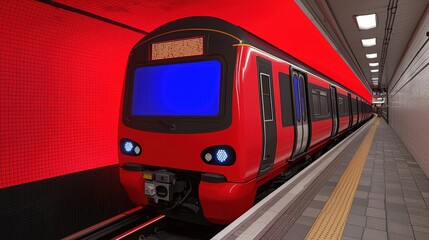 Modern Red Train Arriving at Underground Station with Blue Lights