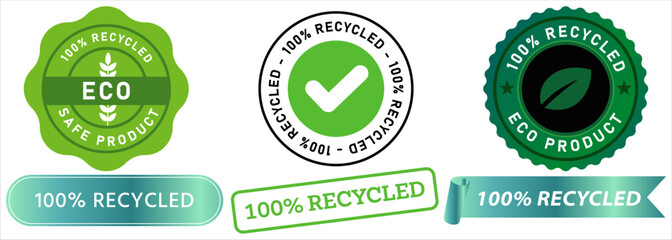 100% recycled recyclable product eco-friendly save earth reusable stamp green badge emblem waste nature care sticker design icon set collection
