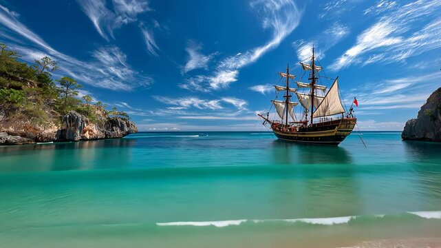 Pristine turquoise lagoon nestled between lush tropical cliffs. Classic sailboat anchored in crystal-clear waters. Palm trees frame white sandy beach. Dramatic blue sky with billowing cumulus clouds. 