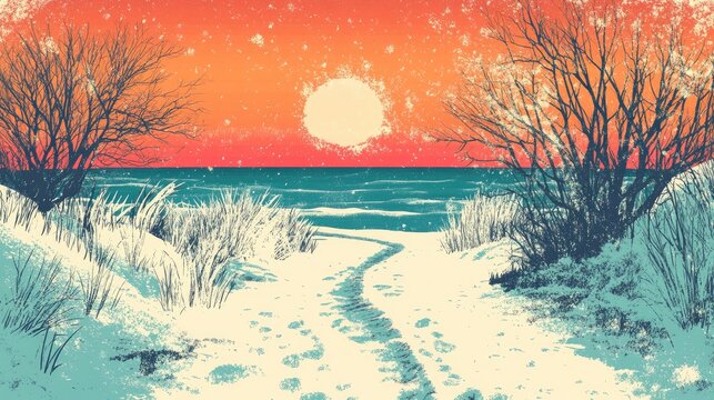 Retro illustration of a snowy pathway leading to a beach during winter evening