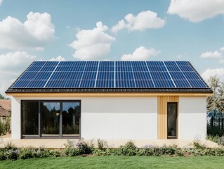 Fototapeta premium Modern house with solar panels under blue sky and white clouds.
