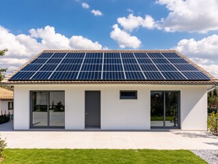 Modern house with solar panels under a bright, blue sky.