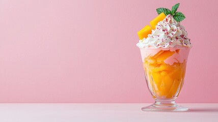 Fototapeta premium A colorful dessert parfait featuring layers of whipped cream, fruit, and toppings, served in a clear glass against a soft pink background.