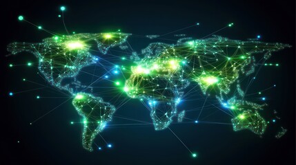 Obraz premium A digital world map with interconnected nodes, symbolizing global connectivity and data flow.