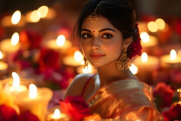 Gorgeous Woman in Traditional Gold Sari, Candlelight  Beauty Portrait