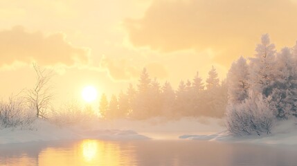 A Frosty Winter Scene with a Sunlit River and Snow-Covered Trees