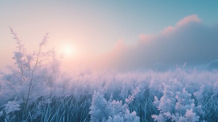 Fototapeta premium Frost-Covered Grass Field at Sunset with a Misty Sky