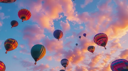 Fototapeta premium Colorful Hot Air Balloons Drifting Across a Sunset Sky