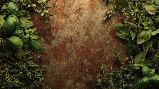 Rustic dried herb background with thyme, rosemary, and basil,Space for add text