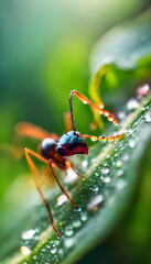 Fototapeta premium A close-up of a colorful ant with a shiny blue and orange body, covered in droplets of water, perched on a green leaf against a blurred colorful background.