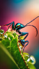 Naklejka premium A close-up of a colorful ant with a shiny blue and orange body, covered in droplets of water, perched on a green leaf against a blurred colorful background.