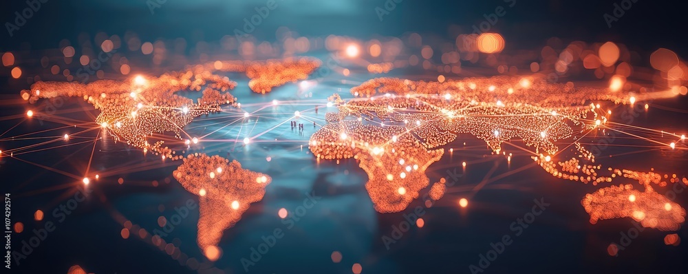 Aufkleber Digital world map with connected nodes representing global network.