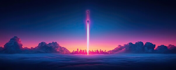 Futuristic rocket launching into a colorful twilight sky, emphasizing innovation.