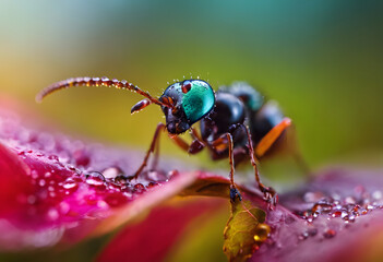 Fototapeta premium A close-up of a colorful ant with a shiny blue and orange body, covered in droplets of water, perched on a green leaf against a blurred colorful background.