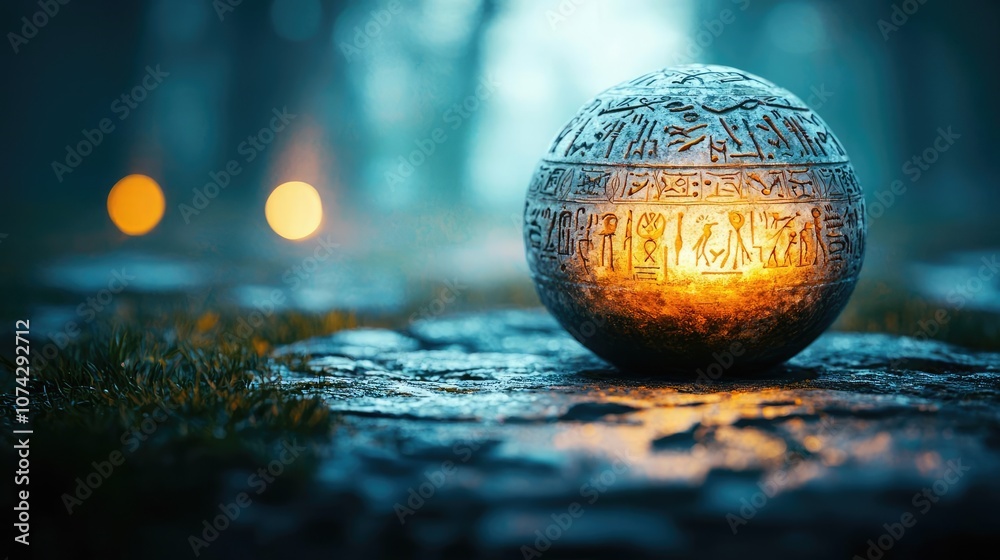 Poster Illuminated sphere on a stone path in a misty forest, ethereal and enchanting atmosphere.