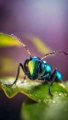A close-up of a colorful ant with a shiny blue and orange body, covered in droplets of water, perched on a green leaf against a blurred colorful background.