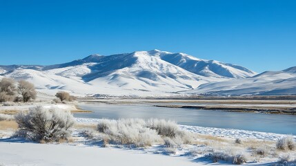 Fototapeta premium Snow-capped Mountains and Frozen River in a Winter Landscape