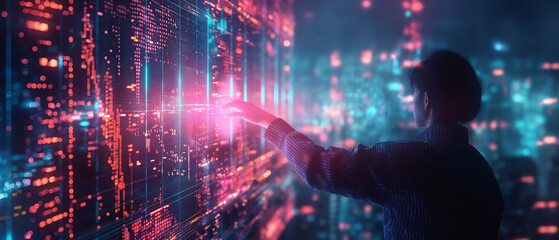 Woman Interacting with Digital Interface, Data Visualization