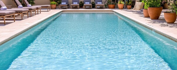 Relaxing poolside view with clear water and comfortable loungers.