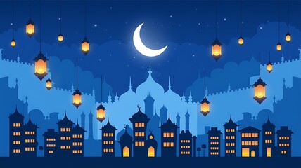 Fototapeta premium Nighttime Silhouette of an Islamic City with Lanterns and a Crescent Moon