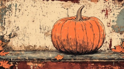 Autumn themed coloring page featuring a pumpkin on a wooden surface