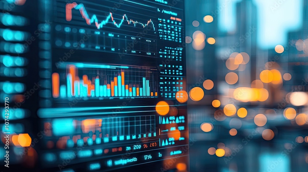 Poster Data analysis dashboard with glowing graphs and blurred city lights background.