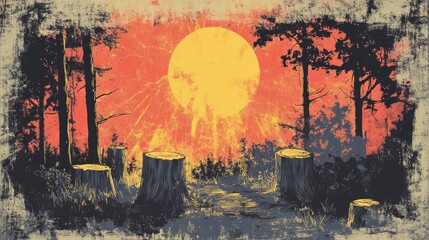 Obraz premium Retro illustration of a forest with stumps and nature reclaiming the land