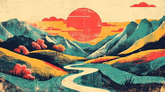 Retro illustration of unique items discovered in a scenic landscape