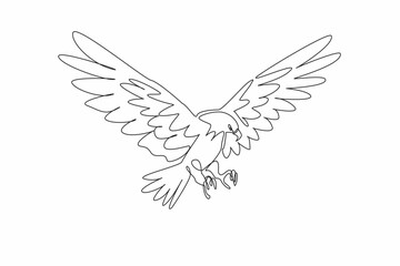 Single continuous line drawing of mighty brave bald eagle stretched its wide wings and ready to attack the prey target. Strong predator bird concept. National Bird Day