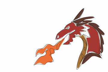 Continuous single line drawing of scary looked dragon head fire breathing. Flammable heat breath. Wild ancient creature of Chinese folklore legend. Appreciate a Dragon Day. Annual celebration event