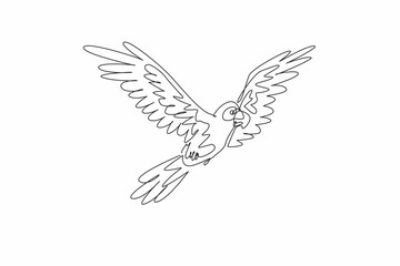 National Bird Day. One continuous line drawing of wild parrot bird flying freely in the sky and stretched out its feathered wings. Macaw bird fly with wide open wings. Template for banner and poster