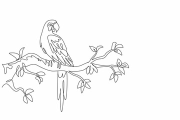 Naklejka premium One single drawing of beautiful parrot bird turned around its head while perched at big tree branch. Macaw bird shows its beauty. Suit Logo for international bird conservation. National Bird Day