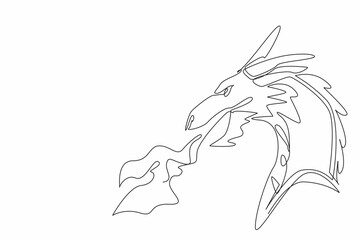 Continuous single line drawing of scary looked dragon head fire breathing. Flammable heat breath. Wild ancient creature of Chinese folklore legend. Appreciate a Dragon Day. Annual celebration event