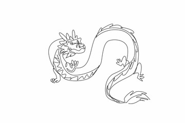Appreciate a Dragon Day. Annual event. Continuous line drawing of twist flying giant Chinese dragon. Element for logo, poster, banner, symbol, insignia, emblem. Medieval mythology fantasy monster