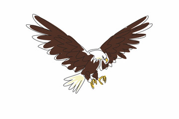Single continuous line drawing of mighty brave bald eagle stretched its wide wings and ready to attack the prey target. Strong predator bird concept. National Bird Day