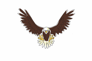 National Bird Day. One continuous line drawing of strong bald eagle posing ready to fly attack its prey. Wide open its feather wings. Template for poster, banner, flyer, background. Vector graphic