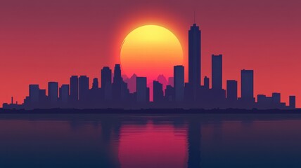 Obraz premium Silhouette of a city skyline against a vibrant sunset.