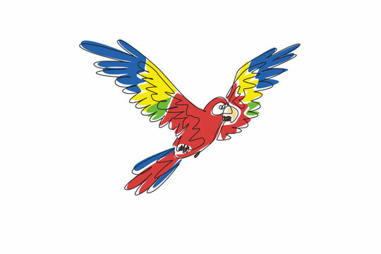 National Bird Day. One continuous line drawing of wild parrot bird flying freely in the sky and stretched out its feathered wings. Macaw bird fly with wide open wings. Template for banner and poster