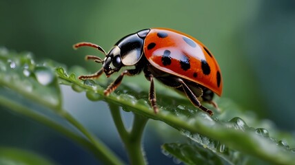 Fototapeta premium beautifull lady bug on leaves close up photo
