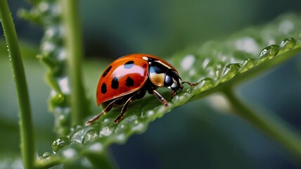 Fototapeta premium beautifull lady bug on leaves close up photo